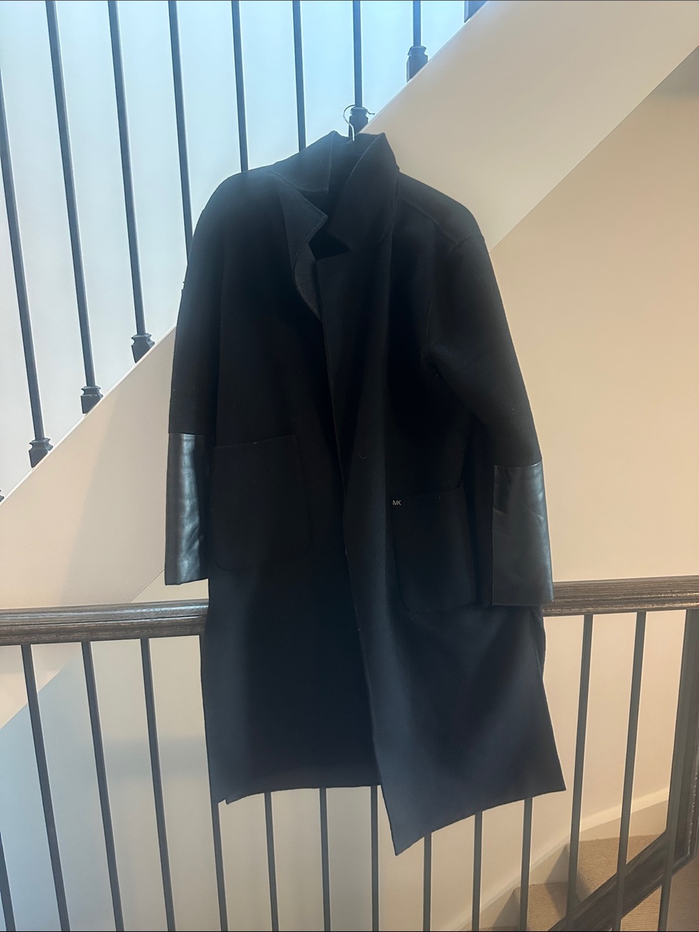 Michael Kors Black Trench Coat with Leather Sleeve Accents